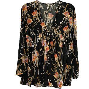 Free People Bella Tunic Top Womens XS Dark Floral Blouse Baby Doll Boho Flowy